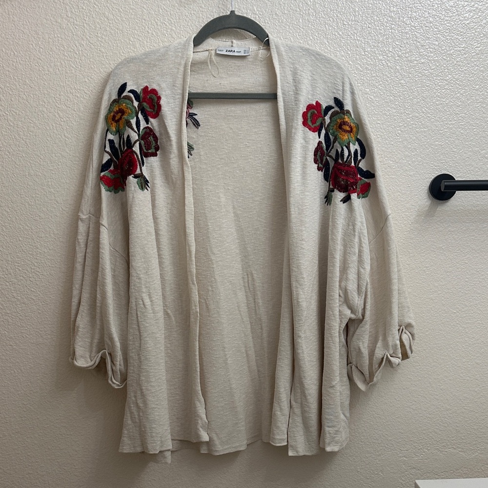Embroidered Floral Open-Front Cardigan